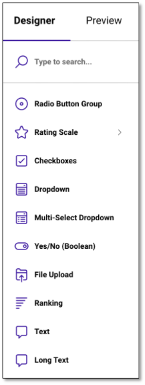 Survey question types overview panel