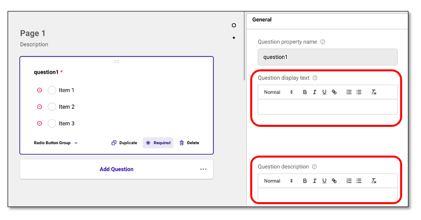 Text Editor panel for question customization