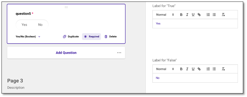 Boolean question type configuration