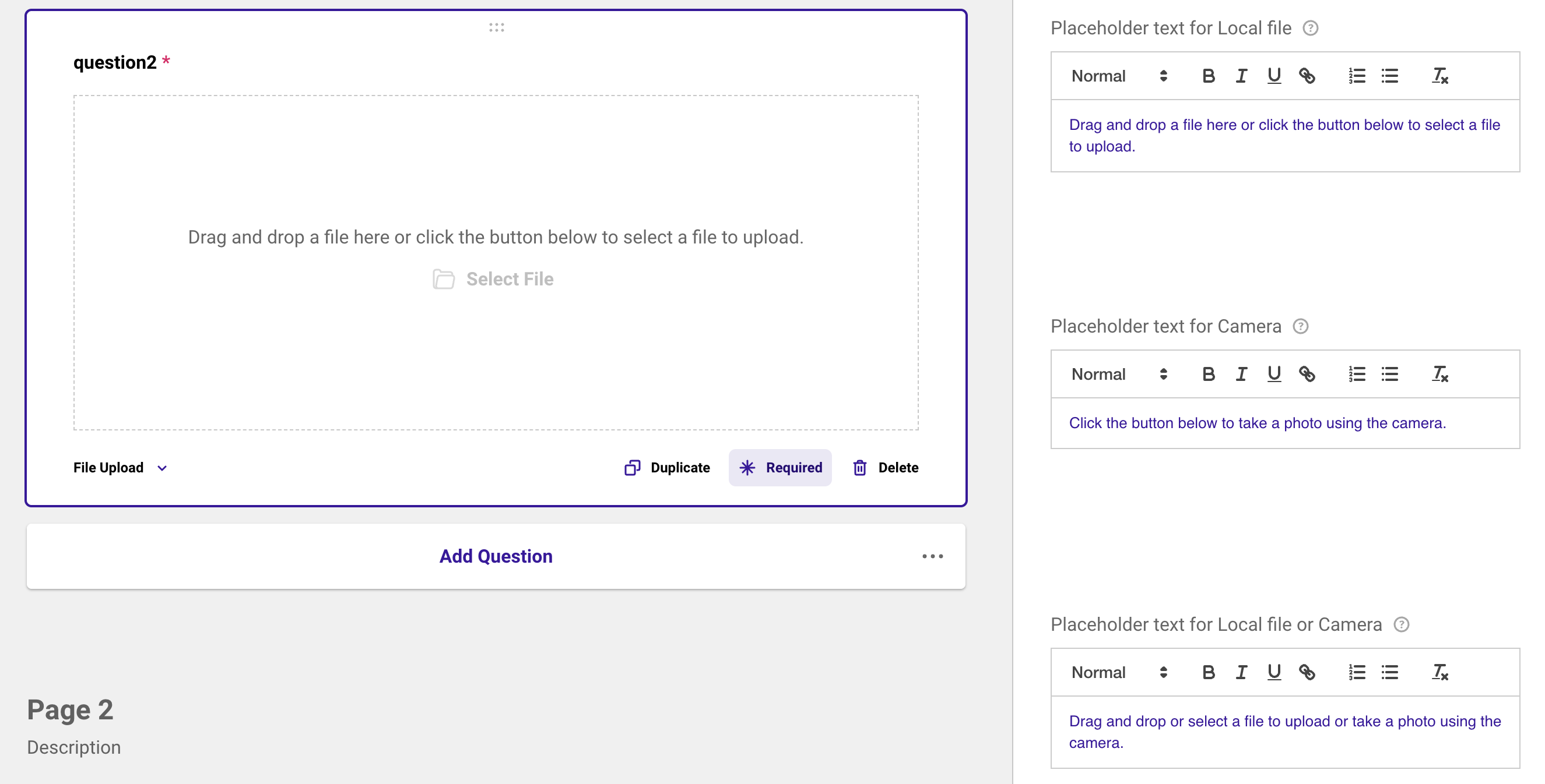 File Upload Question Text Editor