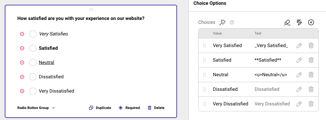 Choice options formatting