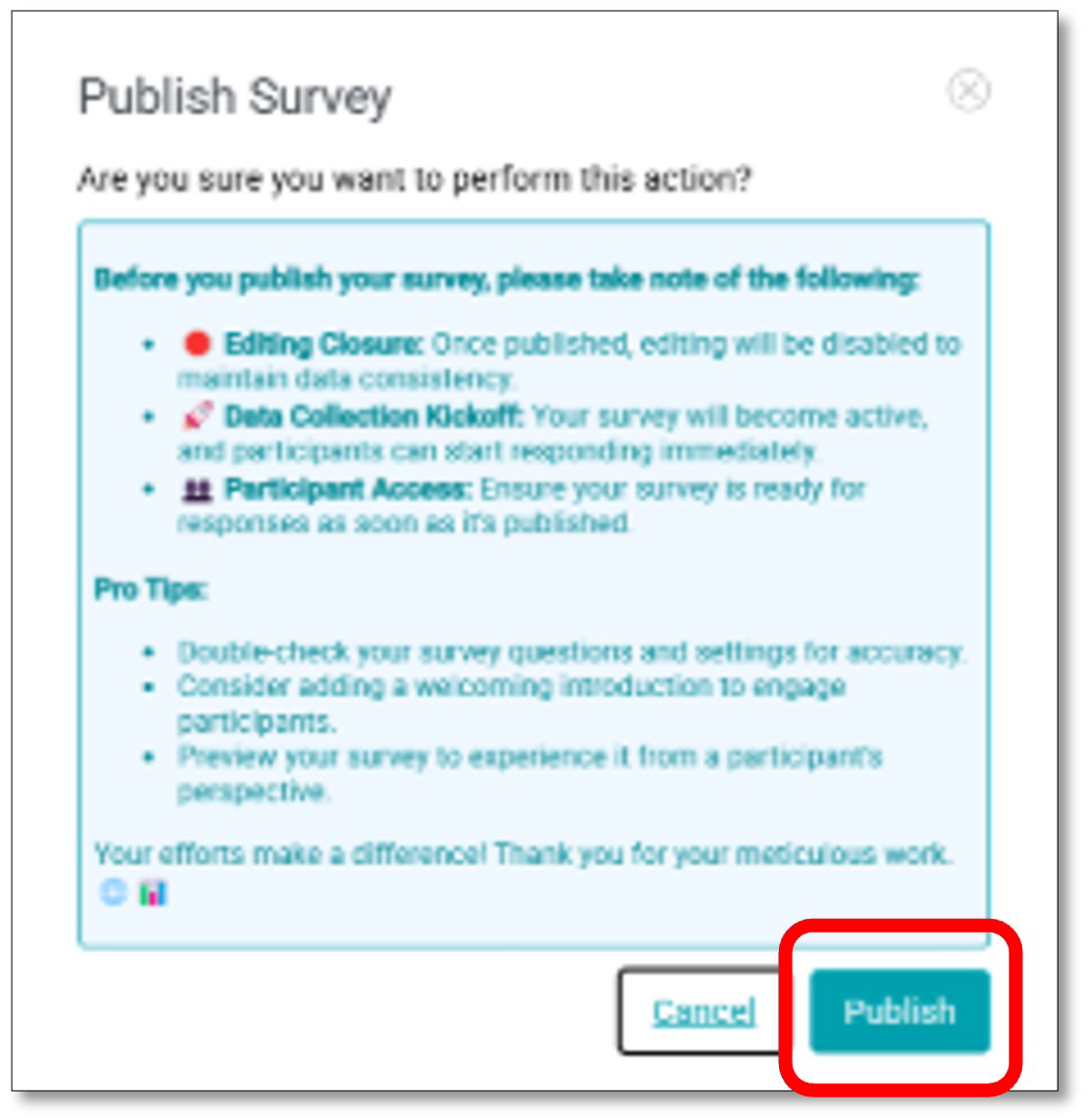 Publish confirmation dialog