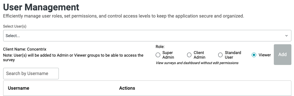 User Management interface