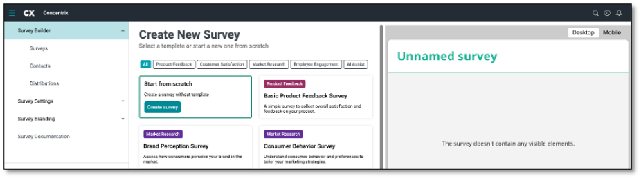 New survey creation interface with Start from scratch and template options