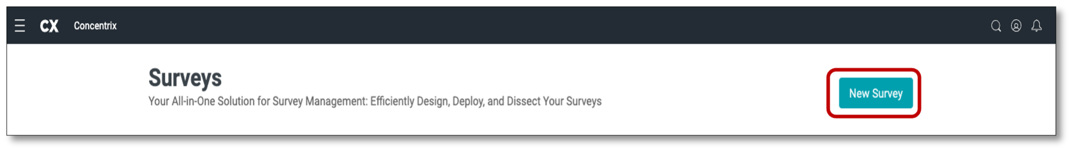 Survey Builder main menu with Surveys dropdown and New Survey button highlighted