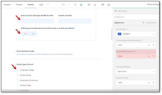 Panel and question box opacity slider for transparency adjustment