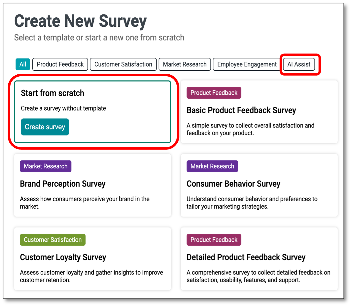 Create new survey homepage with Start from scratch and Create Survey button
