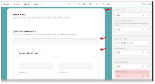 Survey scale factor spinner for adjusting element sizes