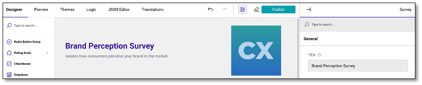Designer Page showing survey name in header navigation