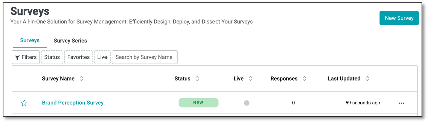 Survey List Page displaying created survey with name consistency