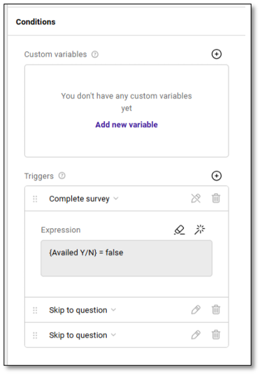 Conditions tab for creating variables and survey logic triggers