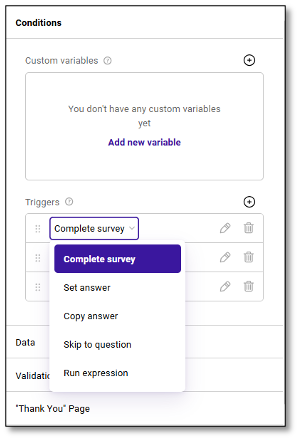 Trigger example showing conditional survey flow based on responses