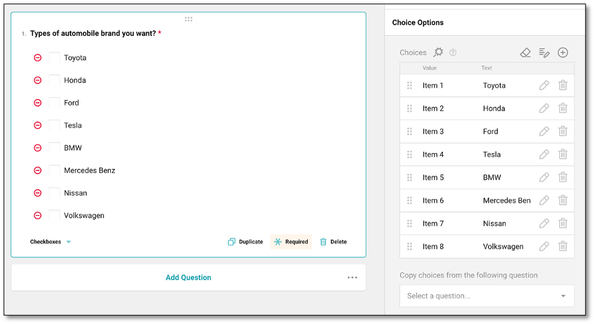 Choice Options tab showing answer customization and AI generation