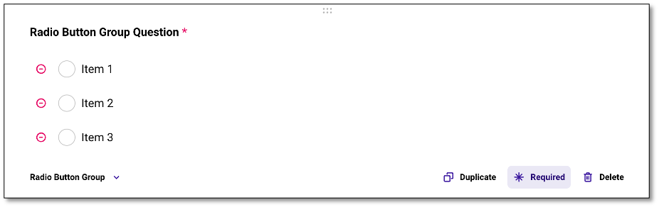 Add Question interface showing Radio Button Group as default question type
