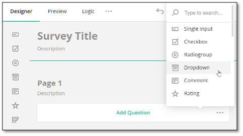 Question toolbox on left side with various question types and ellipsis menu