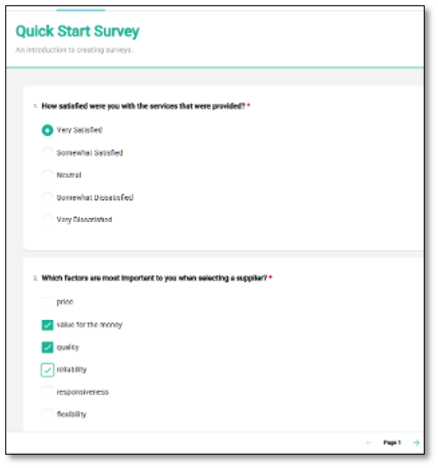 Preview interface demonstrating survey functionality and layout