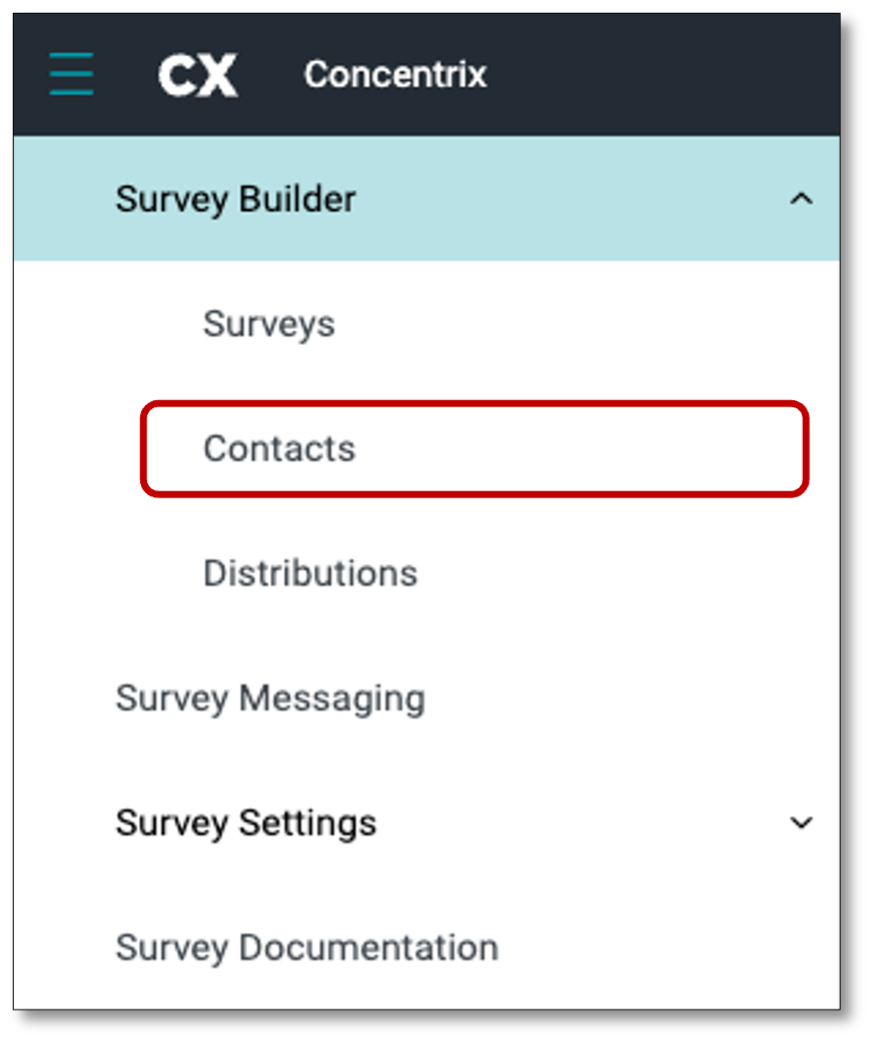 Contacts menu access for managing survey recipients and sample lists
