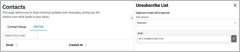 Unsubscribe List showing contacts removed from communications
