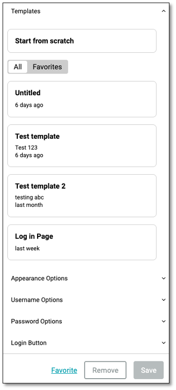 Authentication template selection panel