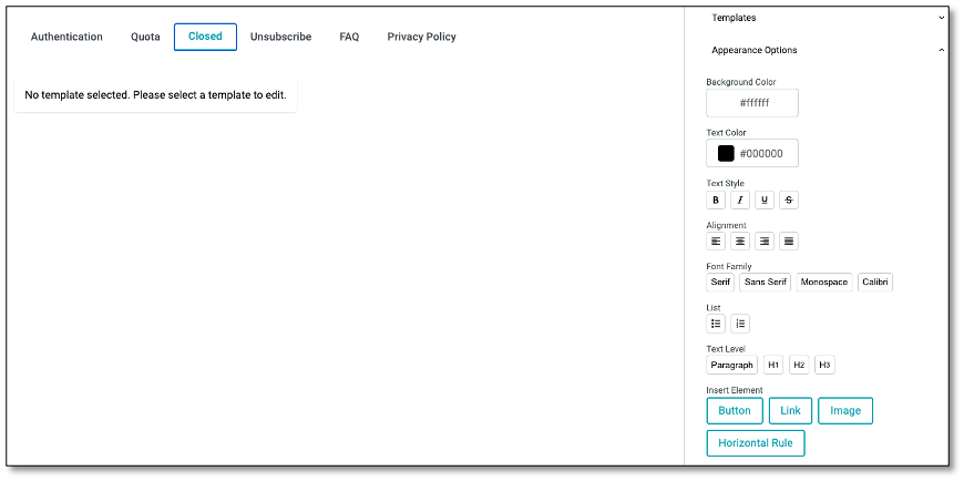 Survey Closed notification message editor