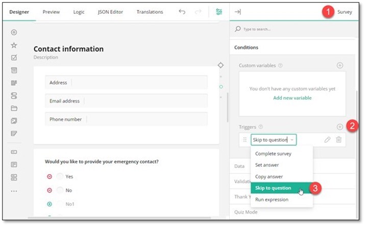 Skip to question trigger configuration