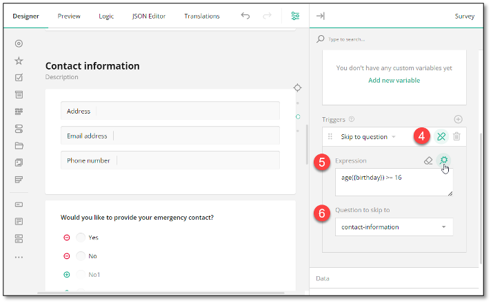 Target question selection dropdown