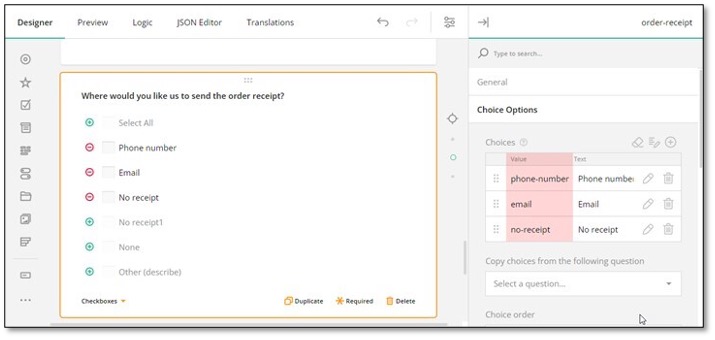 Choice option ID configuration panel