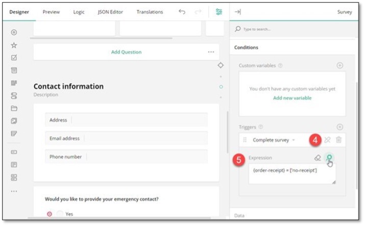 Survey completion trigger settings