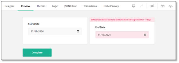 Date validation error message preview