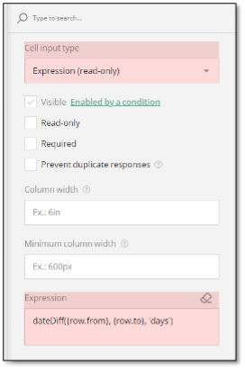 Expression configuration for date difference calculation